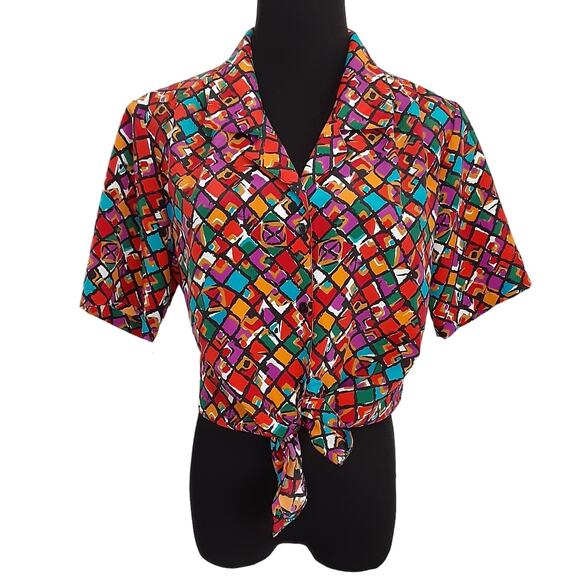 Vintage 70s Disco Button Down Shirt Art Deco Satin Cropped Women 6 Art to Wear - Picture 1 of 9